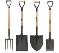 Pack 4 outils de jardin Acier Manche en Bois Fourche + Pelle carrée + Pelle ronde + Bêche VITO