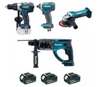 Ensemble de 4 machines 18V, Perceuse DDF458 + Meuleuse DTD152 + Perfo DHR202 + Visseuse DGA452 - MAKITA - 3 Batteries 18V 4.0Ah - chargeur - sac de transport - DLX4054MX1