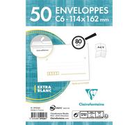 Paquet de 50 Enveloppes Blanches C6-114x162 mm - Précasées - Auto-Adhésives - 80g/m2 - Blanc