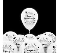 Pack 6 ballons métallisés modèle Joyeux Anniversaire blanc perle