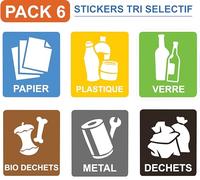 Pack 6 Stickers Tri Sélectif 15x15 cm - Autocollants Poubelle Recyclage Papier Plastique Verre Biodéchets Métal Déchets - Tri Déchets Entreprise Bureau Camping