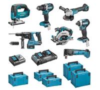 Pack de 7 machines 18V - Perceuse DDF484 + Visseuse DTD154 + Meuleuse DGA506 + Scie DHS680 + Perfo DHR243 + Découpeur DTM51 + Scie DJV182 - MAKITA - avec 5 batteries 18V 5Ah + 2 chargeurs rapide + 5 M