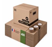 Pack and Move - Lot 60 cartons déménagement stockage livres - 40 x 30 x 30 cm - Poignées renforcées - 3 adhésifs offerts
