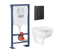 Pack bâti-support autoportant GROHE Solido + Cuvette suspendue sans bride avec abattant Bau Ceramic + Plaque commande noir mat