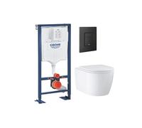 Pack bâti-support autoportant Solido + Cuvette suspendue sans bride avec abattant Start Round + Plaque commande noir mat