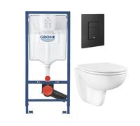 Pack bâti-support en applique GROHE Rapid SL + Cuvette suspendue sans bride abattant Bau Ceramic + Plaque commande noir mat