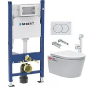 Pack Bati-support Geberit 112cm + Cuvette Swiss Aqua Technologies sans bride + Douchette bidet + Plaque blanche