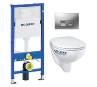Pack Bati-support Geberit UP100 + Plaque Delta50 chrome + Cuvette Grohe BauClassic suspendue sans bride (BauClassicGeb2)