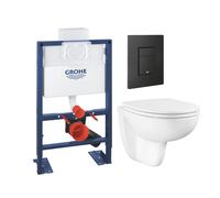 Pack bâti-support hauteur réduite GROHE Rapid SL + Cuvette suspendue sans bride abattant BauCeramic + Plaque commande noir mat