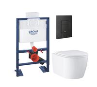 Pack bâti-support hauteur réduite GROHE Rapid SL + Cuvette suspendue sans bride abattant StartRound + Plaque commande noir mat