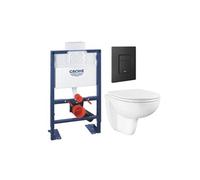 Pack bâti-support hauteur réduite Rapid SL + Cuvette suspendue sans bride abattant BauCeramic + Plaque commande noir mat