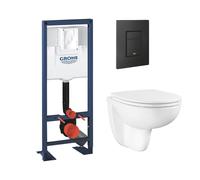 Pack bâti-support largeur réduite GROHE Rapid SL + Cuvette suspendue sans bride abattant BauCeramic + Plaque commande noir mat