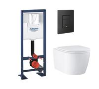 Pack bâti-support largeur réduite GROHE Rapid SL + Cuvette suspendue sans bride abattant StartRound + Plaque commande noir mat