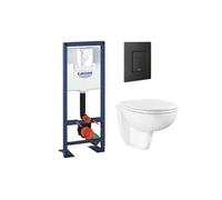 Pack bâti-support largeur réduite Rapid SL + Cuvette suspendue sans bride abattant BauCeramic + Plaque commande noir mat