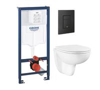 Pack bâti-support mur porteur GROHE Rapid SL + Cuvette suspendue sans bride abattant Bau Ceramic + Plaque commande noir mat