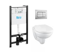 Pack Bâti-support ROCA ACTIVE + WC suspendu Porcher sans bride + plaque de commande chrome mat