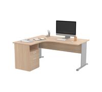 Pack Bureau d'angle compact retour à gauche Pronto Bois - L.160 x P.100 cm - Plateau Chêne - Pieds L Aluminium + Caisson hauteur bureau