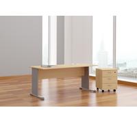 Pack Bureau droit Pronto Bois - L.140 x P.80 cm - Plateau Hêtre - Pieds L Aluminium + Caisson mobile 3 tiroirs Hêtre