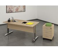 Pack Bureau droit Pronto Métal - L.140 x P.80 cm - Plateau Chêne - Pieds L Chrome + Caisson mobile 3 tiroirs