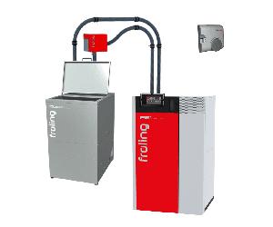 Pack chaudière à granulés PE1 15 kW avec silo Cube 500 S + flexible d’aspiration 12,5 m + sonde d'ambiance