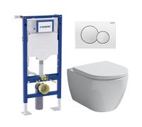 Pack complet bâti-support Geberit Duofix autoportant avec WC suspendu evineo ineo3 et plaque de déclenchement Geberit Sigma01, 111333006+BE0950WH+115770115,