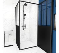Pack complet Paroi porte de douche pivotante et paroi de retour type atelier et receveur blanc