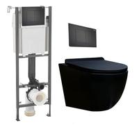 Pack Complet WC Sans Bride + Cuvette suspendu sans bride + Plaque DESIGN (Bâti initio sur mur porteur, Plaque noir mat soft touch)