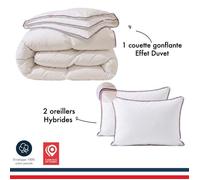Pack Couette 220x240 ""Effet Duvet"" Gonflant + 2 Oreillers Hybrides 50x70 (Cœur Mousse & Fibres) - Respirant & Fabriqué en France