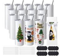 pack de 16 gobelets droits à sublimation, gobelets vierges de 20 oz, gobelets à double paroi en acier inoxydable avec paille, couvercle, brosse, fond, film rétractable, boîte cadeau, pour presse à cha