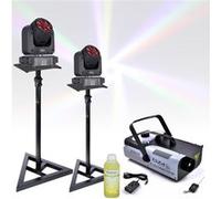 Pack de 2 Lyres DMX LED RGB E-BEEDREAM100 Ibiza Light 100W - 2 pieds Supports SST02 - Machine Fumée 900W - Anniversaire Dj Pro Noir
