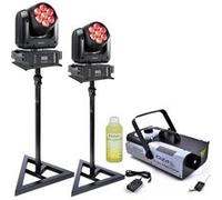 Pack de 2 Lyres DMX LED RGB Ibiza Light E-WASH100 100W - 2 pieds Supports SST02 - Machine à Fumée 1200W - Anniversaire Fête Dj Noir
