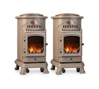 Pack de 2 poêles à gaz Provence Marron 3,4 kW Fonte Effet feu de bois Chauffage d'appoint sur roulettes Sahara