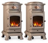 Pack de 2 poêles à gaz Provence Marron 3,4 kW Fonte Effet feu de bois Chauffage d'appoint sur roulettes Sahara