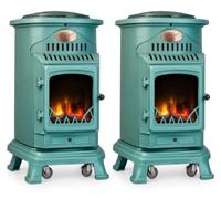 Pack de 2 Poêles à gaz Provence Vert en fonte 3,4KW Effet feu de bois Chauffage d'appoint gaz sur roues Sahara