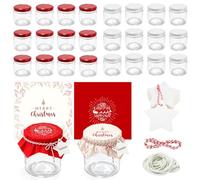 Pack de 24 bocaux à confiture de 150 ml avec couvercles, ensemble de bocaux de conservation pour Noël comprenant 24 petits bocaux, 30 sous-verres à confiture, 25 étiquettes cadeaux