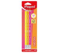 Maped – 3 crayons à papier Graphite HB2 Néon – FSC – Embout gomme – Triangulaire ergonomique