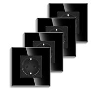 Pack de 4 CNBINGO Prise de courant encastrée en verre en noir - Simple prise Schuko avec sécurité enfant - Prise murale 16 A avec protection par prise de terre et cadre en verre