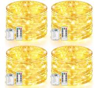Pack de 4 guirlandes lumineuses à piles, 10 m 100 LED, 8 modes avec télécommande et minuteur, fil de cuivre, étanche, variable, pour la chambre, bricolage, fête, décoration de Noël, blanc chaud