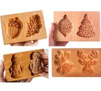 （Pack de 4）Moule à Biscuits en Bois Antiadhésif - Tampon à Motifs 3D pour Sablés, Gâteaux de Lune et Cookies - Accessoire de Décoration Culinaire pour Fêtes et Automne
