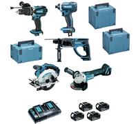 Pack de 5 machines MAKITA 18V - Perfo-burineur + Visseuse + Perceuse à percussion + Meuleuse + Scie circulaire - MAKITA - avec 4 batteries 18V 5Ah + chargeur rapide + 3 MAKPAC - DLX5039PTJ