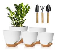 Pack de 5 pots de fleurs auto-arrosants ronds en plastique 12.7-17.8 cm, réserve 120-260 ml, Blanc/Marron