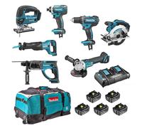 Pack de 7 machines 18V - Perceuse DDF482 + Visseuse DTD152 + Meuleuse DGA504 + Scie DSS610 + Perfo DHR202 + Scie DJR186 + Scie DJV180 - MAKITA - avec 5 batteries 18V 5Ah + chargeur double rapide + Sac