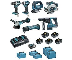 Pack de 7 machines 18V - Perceuse DDF484 + Visseuse DTD154 + Meuleuse DGA506 + Scie DHS680 + Perfo DHR243 + Découpeur DTM51 + Scie DJV182 - MAKITA - avec 5 batteries 18V 5Ah + 2 chargeurs rapide + 5 M