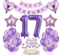 Pack de Décoration pour le 17ème Anniversaire - Décoration de Gâteau pour le 17ème Anniversaire - Cadeau - Ensemble de Ballons Violets - Bannière Joyeux Anniversaire - Nombre 17 - Ballons en Folie