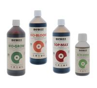 Pack d'engrais Biobizz: Bio Grow + Bio Bloom + Top Max en bouteilles de 1 litre et Acti-vera en 250ml