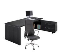 Pack Direction Bureau Flore avec retour suspendu - L.195 x P.170 cm - Plateau Frêne noir - Pieds panneaux + Fauteuil Nell simili cuir Noir