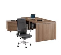 Pack Direction Bureau Flore avec retour suspendu - L.225 x P.170 cm - Plateau Noyer - Pieds panneaux + Fauteuil Nell simili cuir Noir