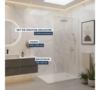 Pack Douche Complet - Paroi Walk-In 100x200 Chrome + Colonne Grohe Eurosmart 2 Jets + Receveur Marbre Coulé Blanc 120x80