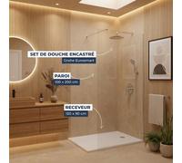 Pack Douche Complet - Paroi Walk-In 100x200 Chrome + Colonne Grohe Eurosmart 2 Jets + Receveur Marbre Coulé Blanc 120x90