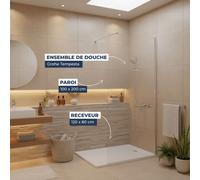 Pack Douche Complet - Paroi Walk-In 100x200 Chrome + Colonne Grohe Tempesta 3 Jets + Receveur Marbre Coulé Blanc 120x80